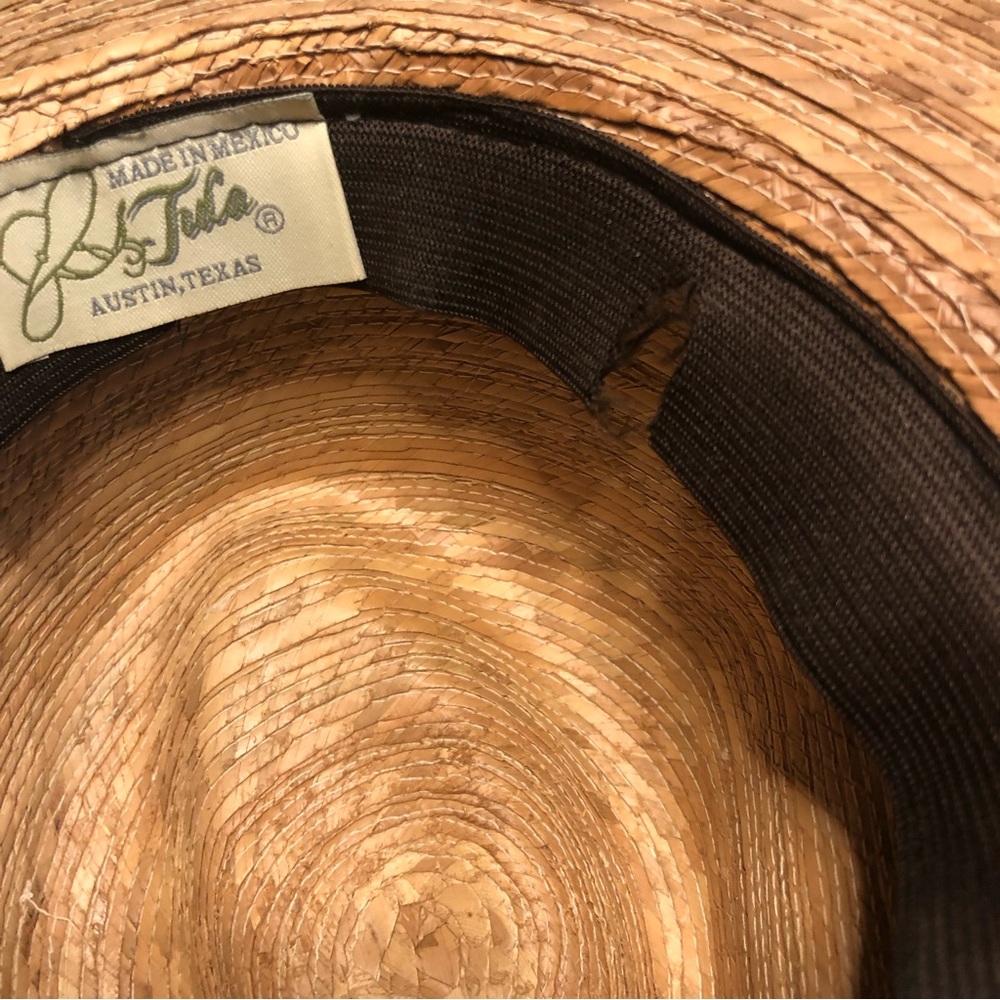 Tula of Austin, TX Straw Fedora w Striped Ribbon Band w Tula Medallion - Picture 9 of 12